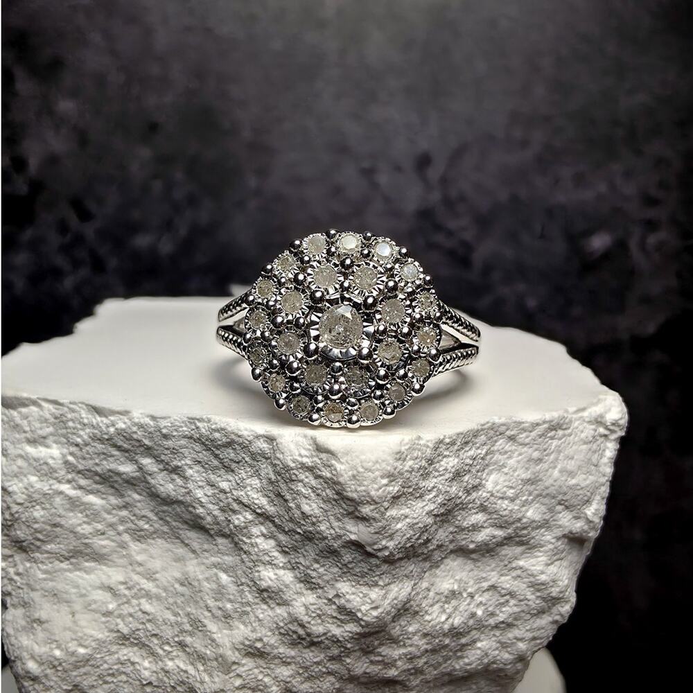 Size 7 Natural White Diamond 0.23ct Cluster Split Band Ring 925 Sterling Silver